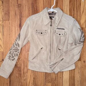 Harley-Davidson Women's Beige Suede Studded Jacket with Laser-Cut Sleeve Details